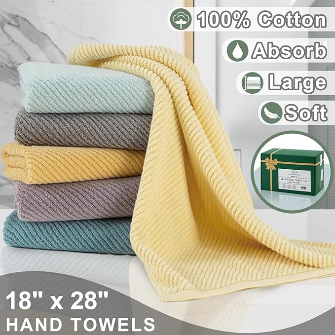 VOOVA & MOVAS Hand Towels for Bathroom Set of 4, Large 18" x 28", 100% Cotton |