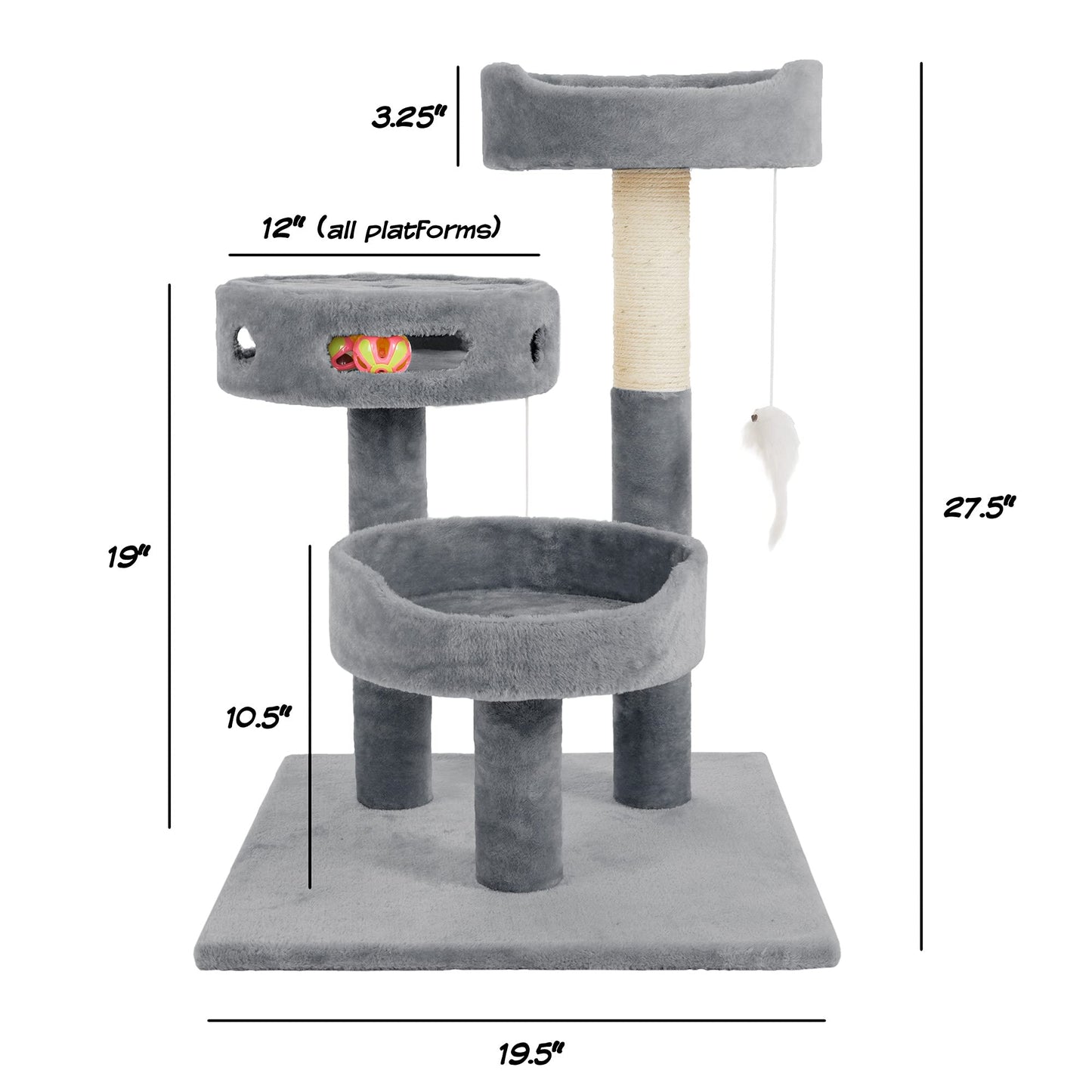3-Tier Cat Tower with Sisal Rope Scratching Post, 2 Carpeted Napping Perches, Hanging Mouse, and Interactive Toy for Indoor Cat Use by PETMAKER (Gray)