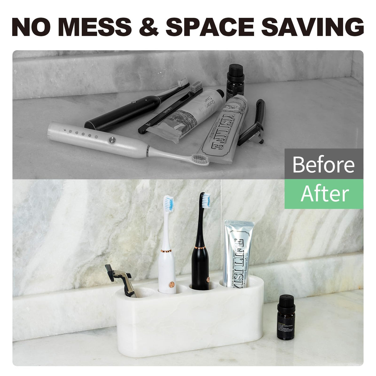 BCS Toothbrush Holder for Bathrooms, 4 Slots Marble Toothbrush and Toothpaste Holder Stand Bathroom Organizer Countertop for Electric Toothbrush, Floss, Razor, Comb - Karibib Ice
