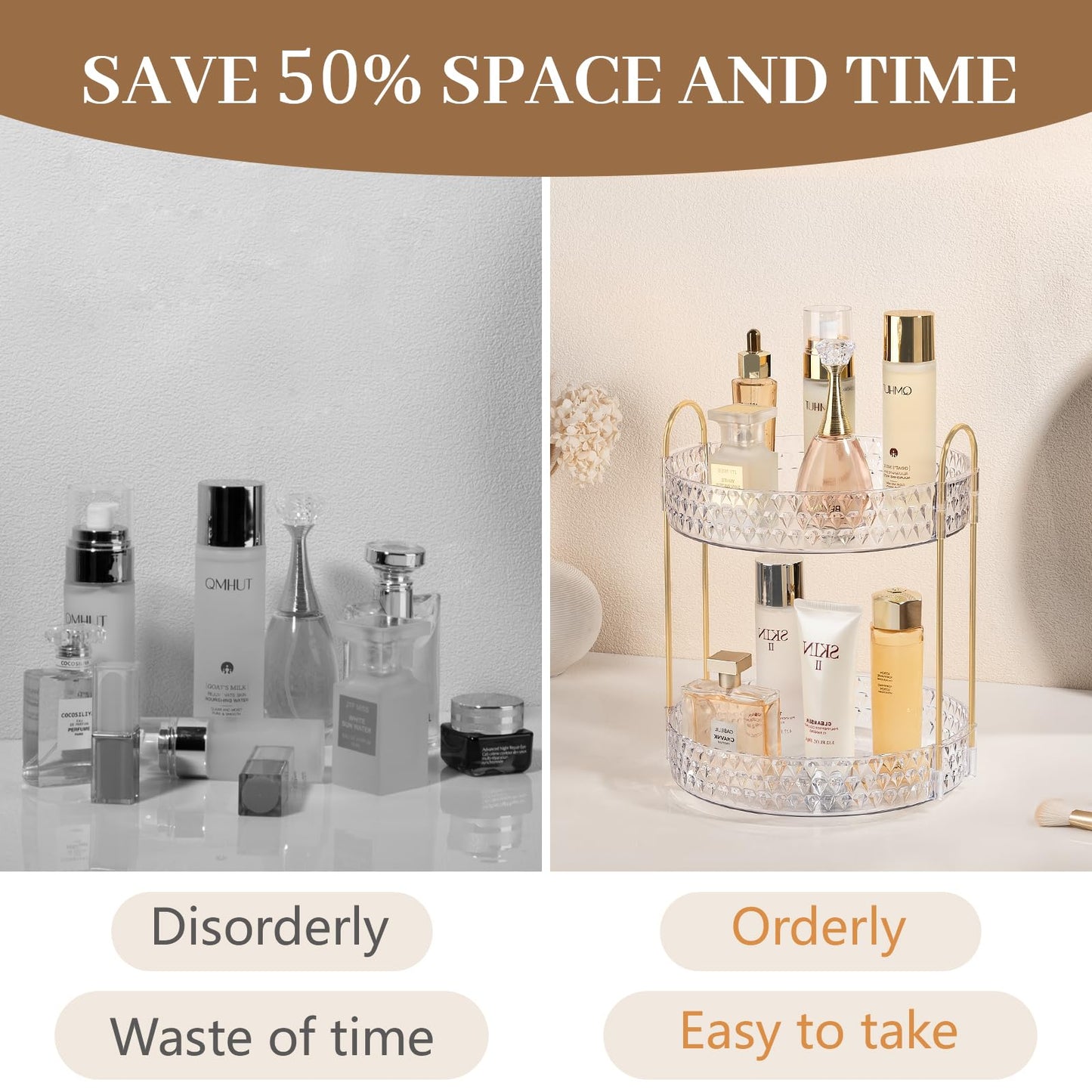 Rotating Makeup Organizer for Vanity, 2 Tier Perfume Skincare Storage for Women, Bathroom Counter Organizer, 360° Spinning Cosmetic Holder for Dresser Countertop, Clear