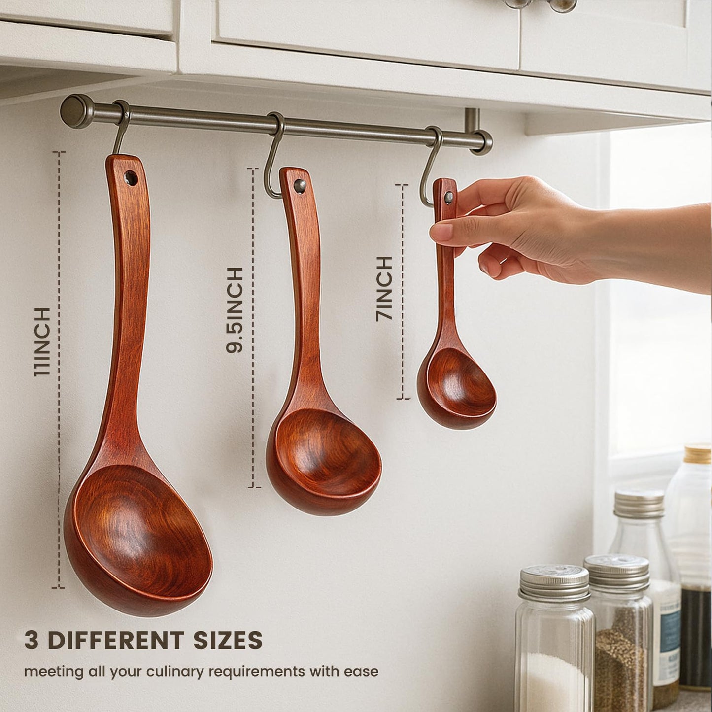 HANSGO Wooden Ladle for Soup, 3 Size Wooden Spoons for Deep Pot & Bowl, Heat Resistant Handles, Non-Stick Wood Kitchen Utensils Set for Cooking, Serving and Stirring Thick Stews, House Warming Gifts