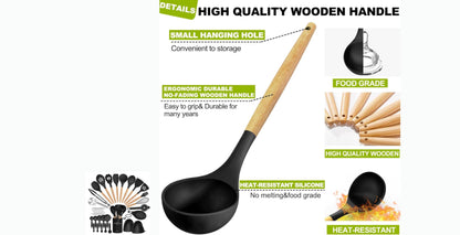 36 pcs Silicone Kitchen Cooking Utensils with Holder, Heat Resistant Cooking Sets Wooden Handle, Nonstick Kitchen Gadgets Tools Include Spatula Spoons Turner Pizza Cutter(Black) for Gift, K Trends