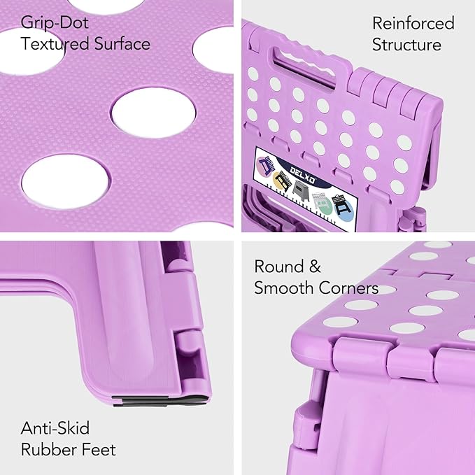 Delxo 13 inch Folding Step Stool, Non-Slip Foldable Stools Up to 300 LBS, Step Stool with Handle, Lightweight for Kitchen, Bathroom, Bedroom, Garden, Light Purple, 1PC
