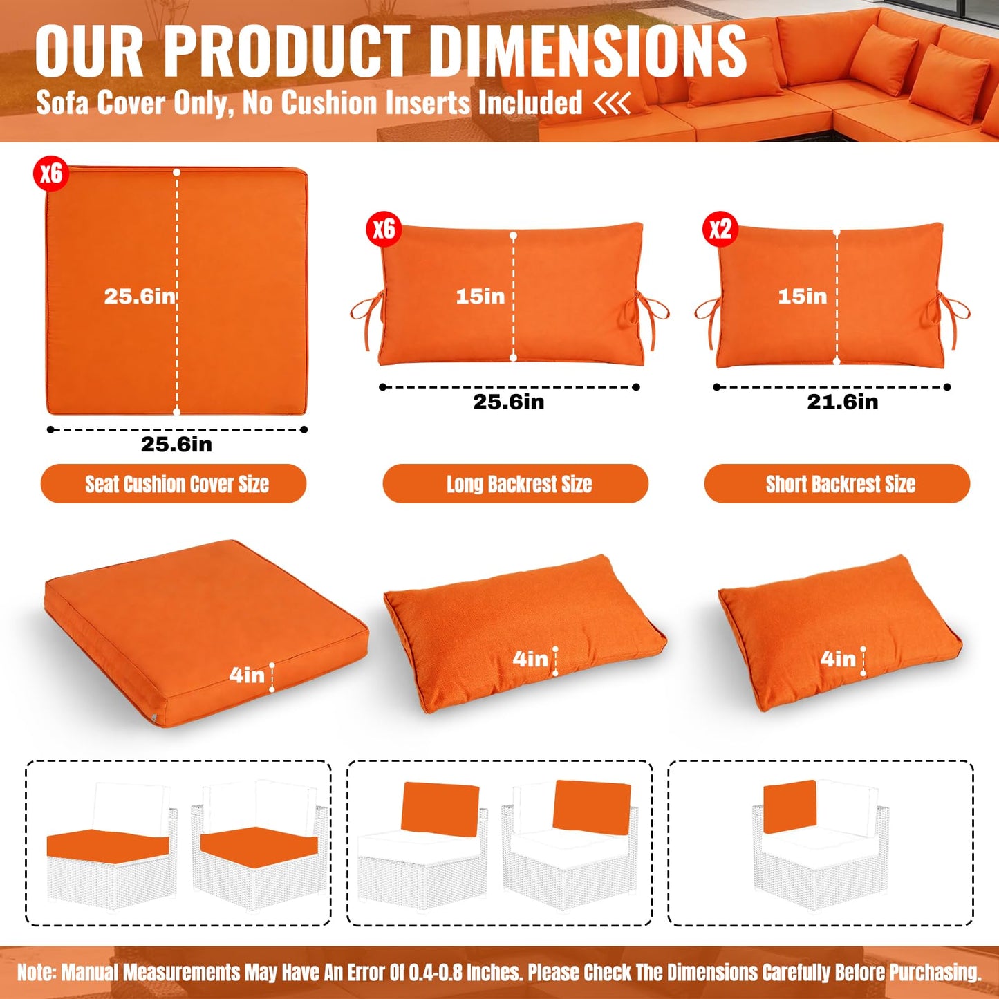 Cabubra 14pcs Outdoor Patio Furniture Cushion Covers, Waterproof & Sun-Resistant Zippered,Fit for Patio Furniture Sectional Sofas and Wicker Rocking Chairs,3 Sizes,Orange,Covers Only