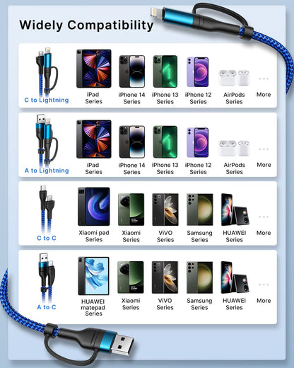 4 in 1 Charging Cable, USB C Lightning Adapter USB C to USB C 60W PD [Fast Charging & Data Sync] 4 in 1 Multi Charger for iPhone 16 15 14 13 12,MacBook Pro 2023 iPad mini 6/Pro,Samsung Galaxy S22 S21
