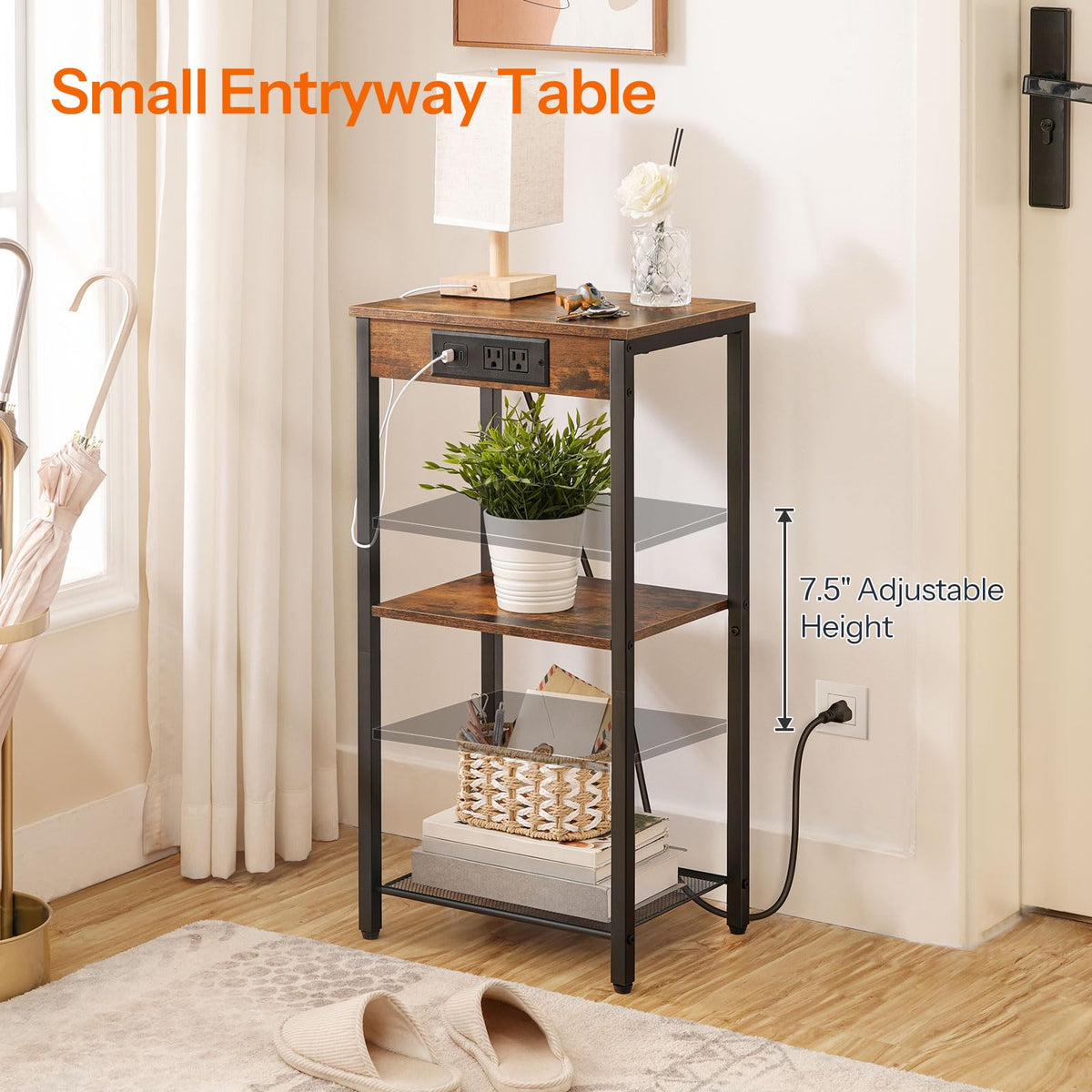 HOOBRO Tall End Table with Charging Station, 30 Inch Slim Tall Nightstand, 3-Tier Narrow Side Table with Adjustable Shelf, for Living Room, Bedroom, Small Space, Hallway, Rustic Brown BF09UDH01G1