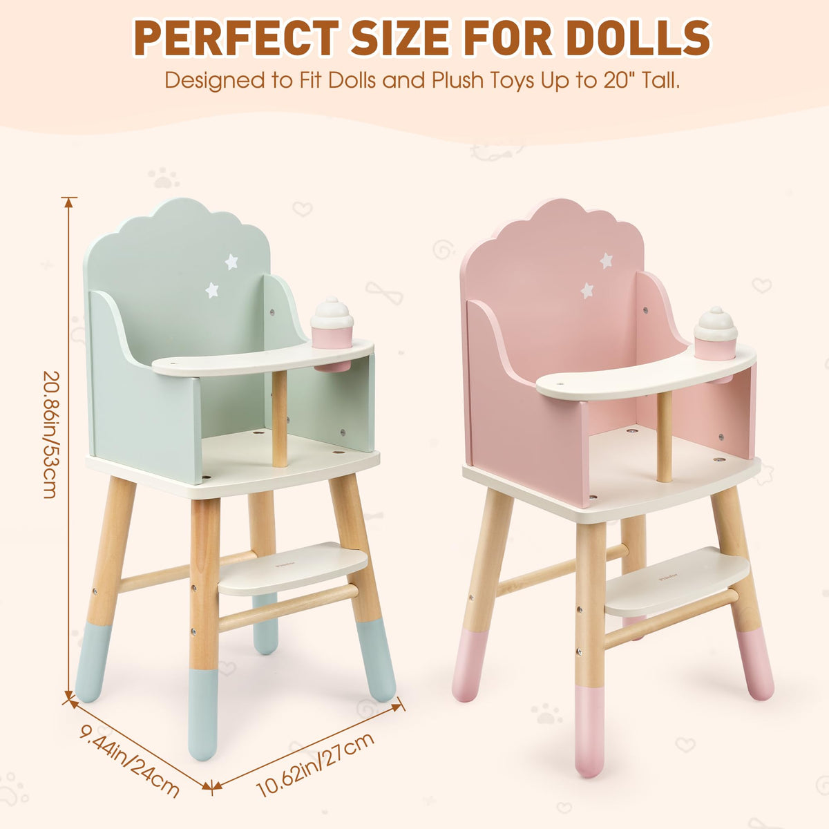 Pithfor Wooden Baby Doll High Chair, Baby Doll Furniture, Fits Up to 18 inch Dolls, 18 inch Doll Accessories - Green