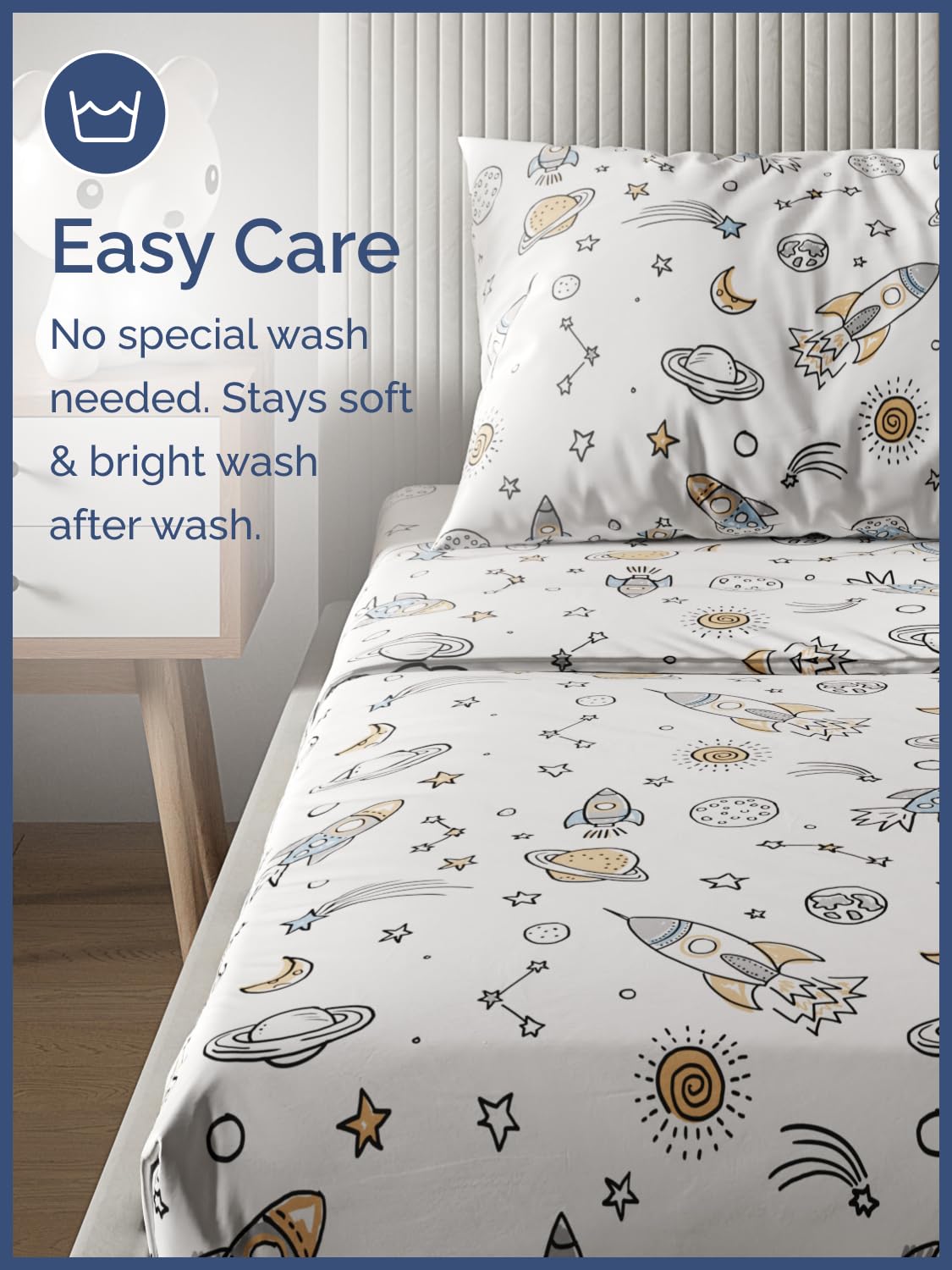Kids Queen Size Bed Sheet Set - 4 Piece Kids Loft Bed Sheets - Space Galaxy Theme bedding - Soft, Cute - Breathable and Machine Washable - Spaceship Rocket Bed Set for Boys, Girls, Teens and Toddlers