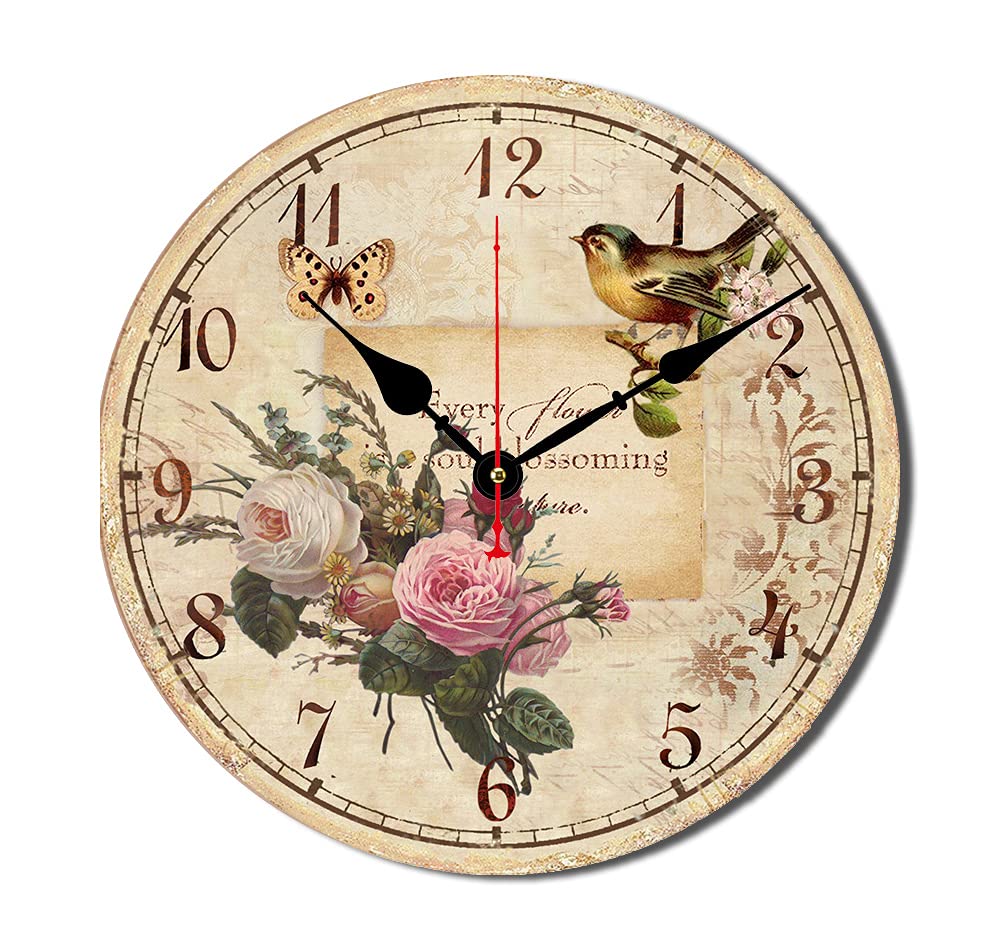 12 Inch Silent Wall Clock Battery Operated Vintage Wooden Round Non-Ticking