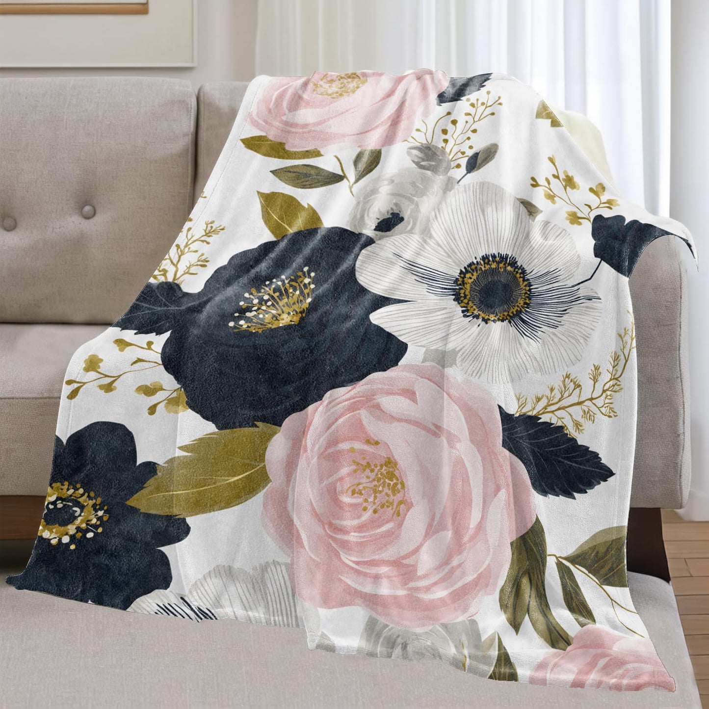 olpddz Elegant Floral Flannel Blanket Gifts for Women,60x50inch,Stylish Botanical Throw Blankets with Flower in Pink,Navy Blue and White,for Bedroom,Sofa,Living Room,Camping Decor Throws
