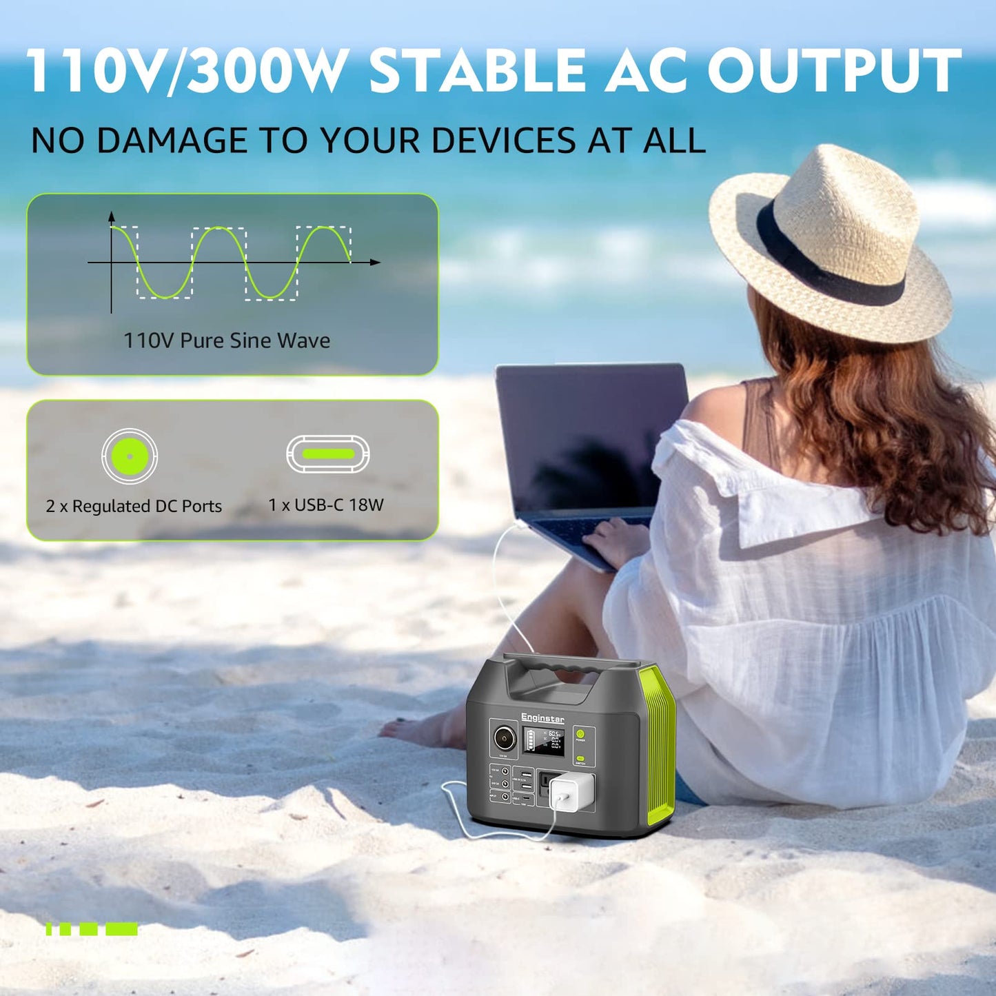 Portable Power Station EnginStar 300W Solar Generator 110V 296Wh Power Bank Two Pure Sine Wave AC Outlet 80000mAh Lithium Battery Pack for Camping Outdoors Trip RV Hunting Vans Emergency Backup