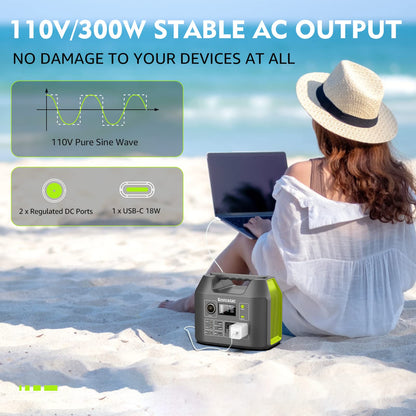 Portable Power Station EnginStar 300W Solar Generator 110V 296Wh Power Bank Two Pure Sine Wave AC Outlet 80000mAh Lithium Battery Pack for Camping Outdoors Trip RV Hunting Vans Emergency Backup