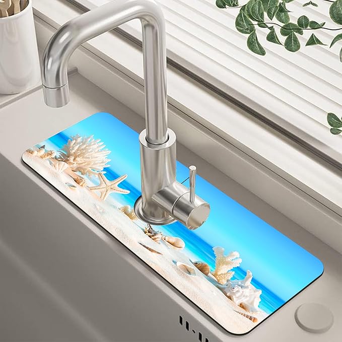 Tropical Beach Seashells Kitchen Sink Splash Guard Absorbent Fast Drying Mat
