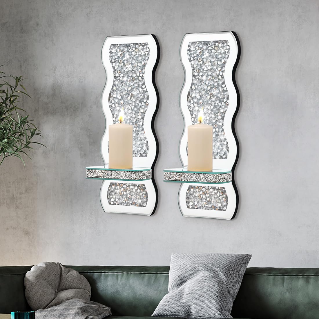 Aeveco Crystal Crush Diamond Mirrored Candle Sconces, Silver Wall Candle Holder Set of 2, Wall Decorations for Living Room，Dining Room (Wave)
