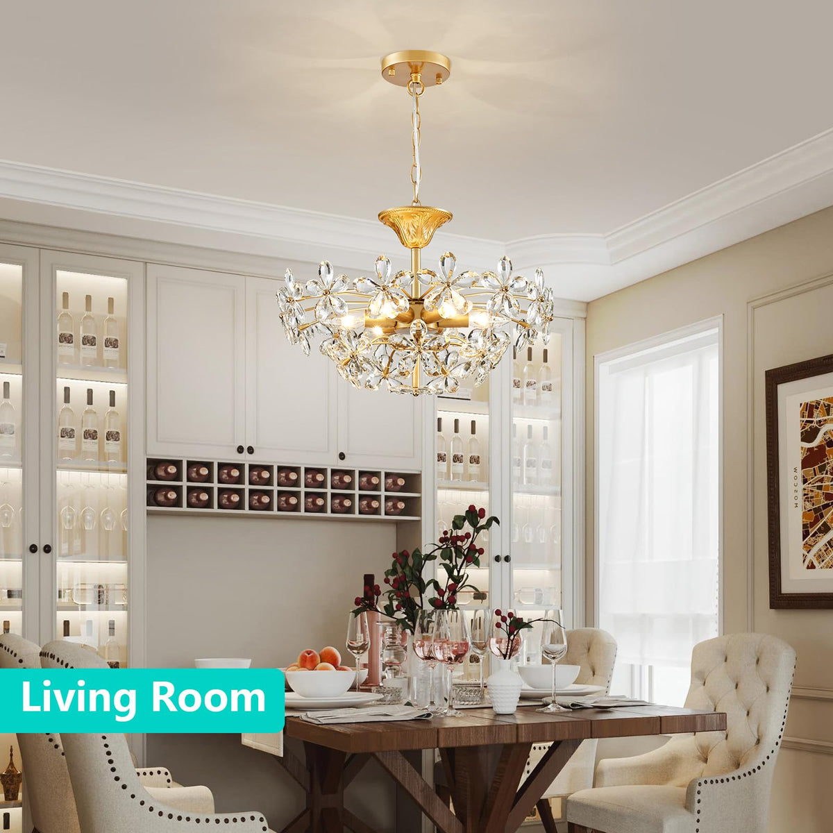 GlowEasely K9 Crystal Flower Chandelier for Dining Room, Living Room, Bedroom, Hallway, Kids Room, Foyer, Gold, Mayflower 6-Light Modern Pendant Chandelier, E12 Socket, D18.3 * H16~41inch (Adjustable)