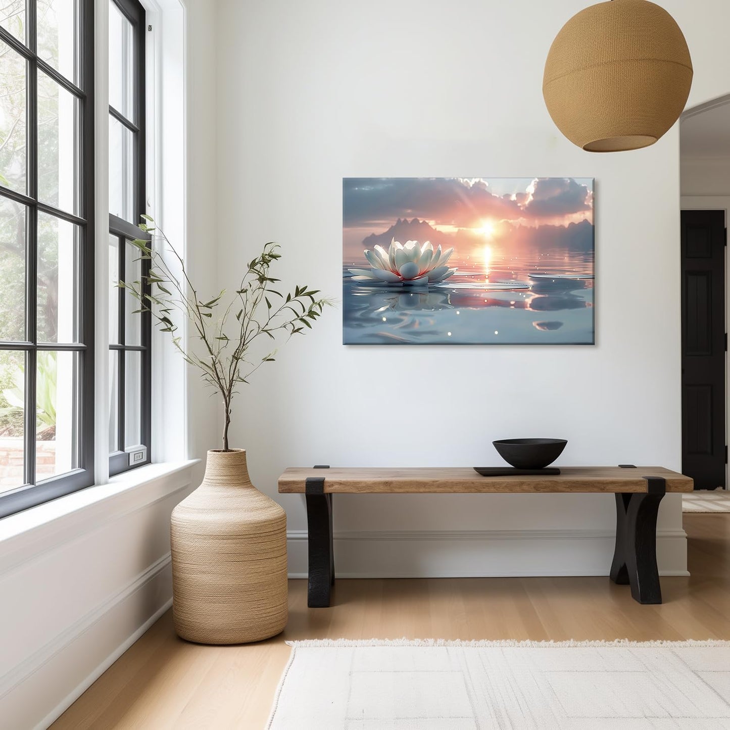 Zen White Lotus Wall Art Sunrise Meditation Canvas Wall Decor Spa Yoga Still Life Painting Prints Relaxing Spiritual Just Breathe Aesthetic Posters Pictures Modern Spiritual Inspiration Framed