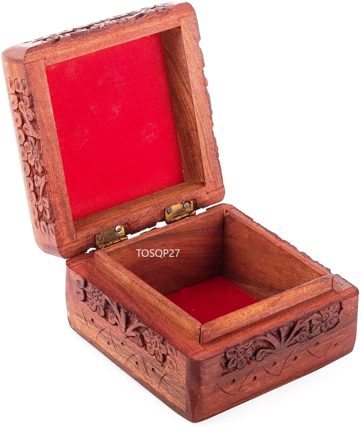 TOSQP27 Gift Jewelry Box Rosewood Hand-Carved Novelty Unique Trinket Case Jewellery – 4 Inch Wooden Travel Jewel Organizer Brass Inlay Velvet – Keepsake Birthday Aniversary Gifts for Women, Girls, Mom