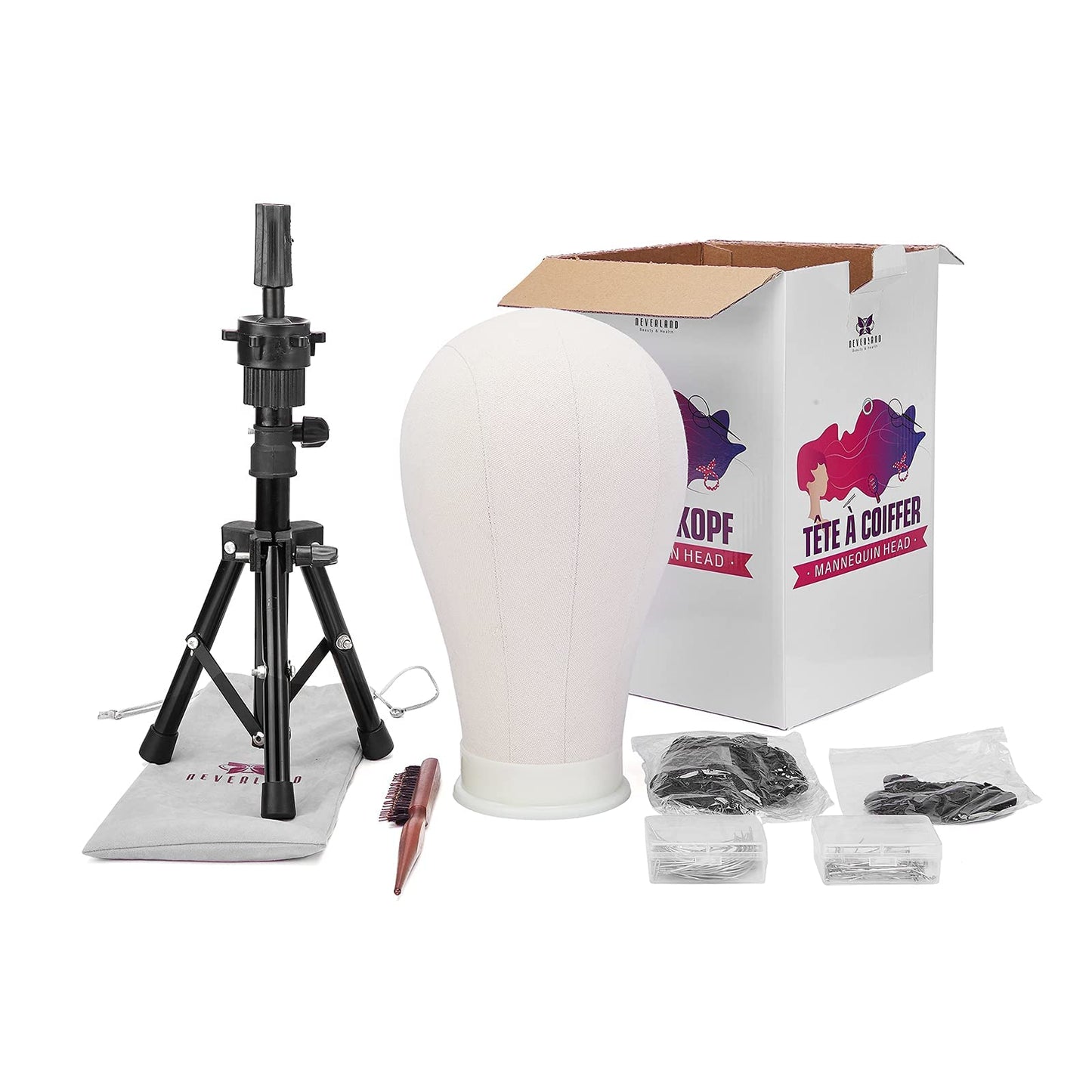 Neverland Beauty & Health 23 Inch Wig Head Stand Tripod, with Canvas Mannequin Heads for Wigs, Manikin Canvas Head Block Set for Making Display with T Pins Set Bristle Brush