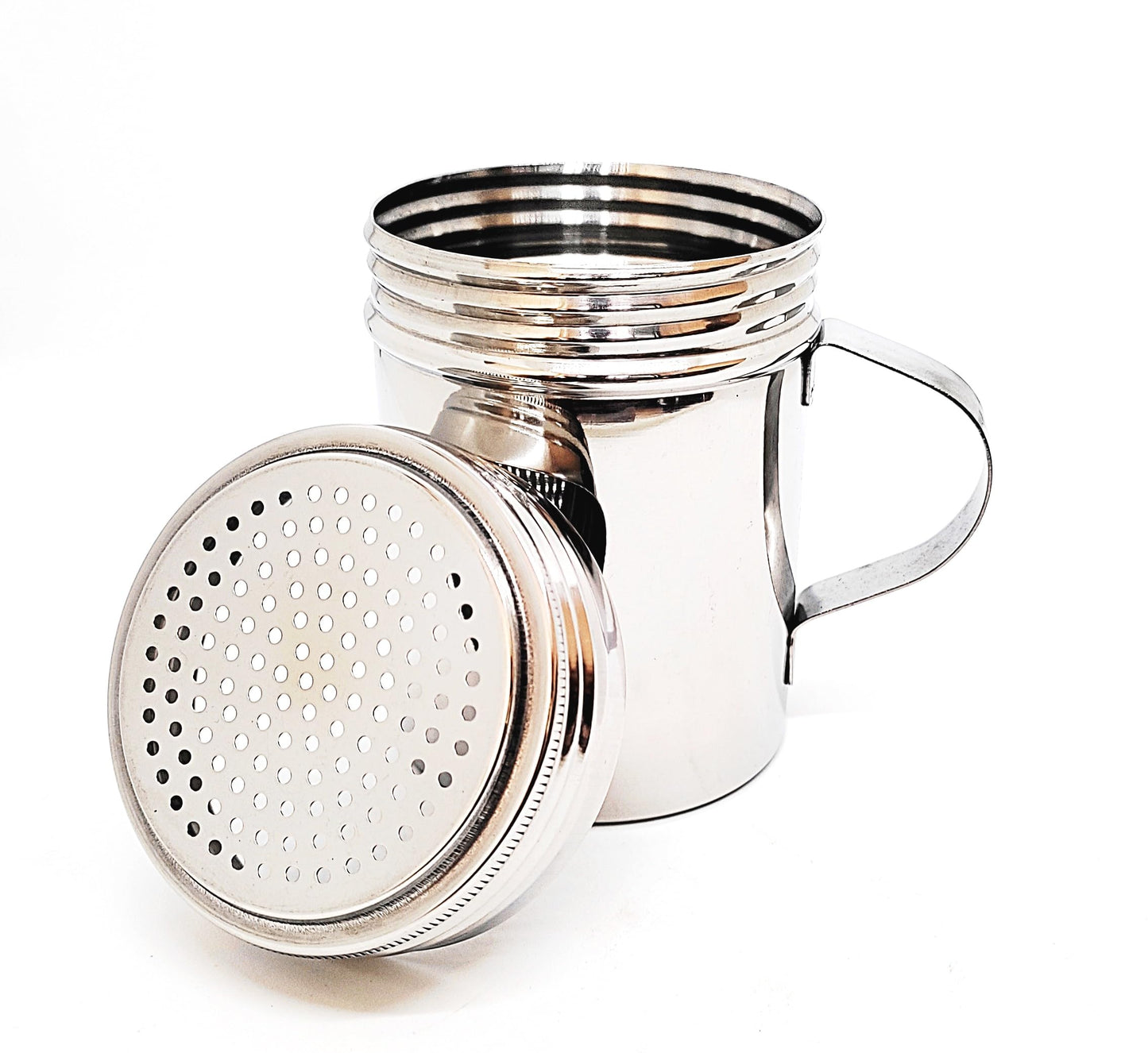 KERAM Metal Salt and Pepper Shakers, Dredge 10 Oz, Pack of 4, powdered sugar/cinnamon/flour/spice/seasoning shaker duster with holes, handle and lids restaurant supplies outdoor kitchen accessories