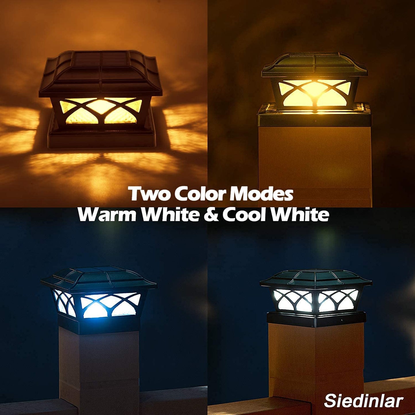 Siedinlar Solar Post Cap Lights Outdoor, 2 Modes Solar Powered Waterproof Fence Deck Light for 4x4 5x5 6x6 Posts Garden Patio Decoration Warm White & Cool White, Black (2 Pack)