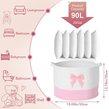 LemonRoad Pink Bow Extra Large Cotton Rope Basket 20"x14", Embroidered Woven Baby Laundry Blanket Basket Box with Handle Storage, Blanket Storage for Living Nursery Pillows Laundry Baby Toy Chest