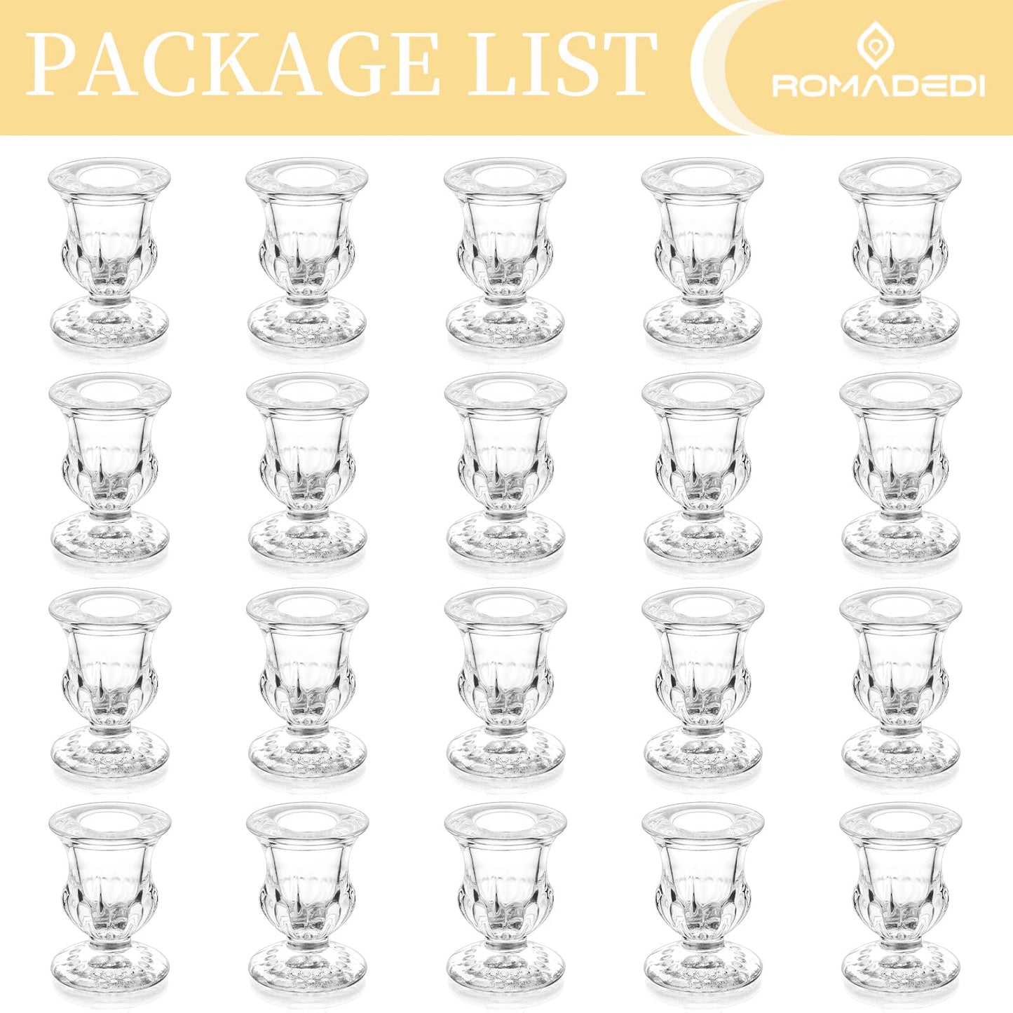 20 Pcs Glass Taper Candle Holders - Romadedi Clear Small Candlestick Holder Bulk, Thicker Glass Candle Sticks Set for Wedding Christmas Party Dining Table Table Centerpiece Decor