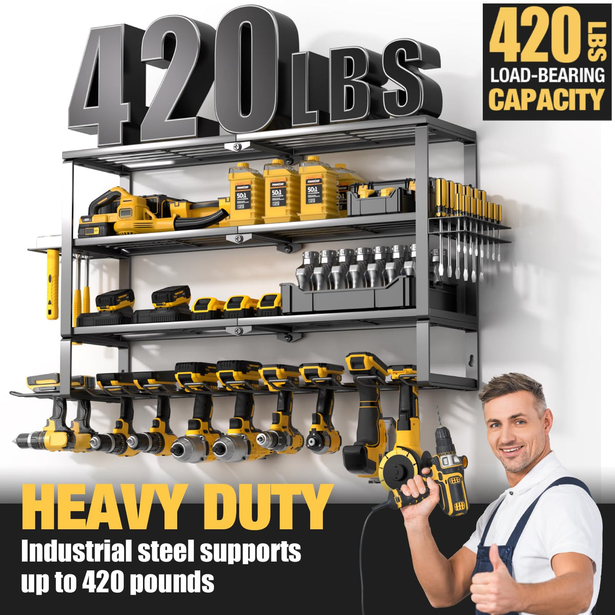 YYR Large Power Tool Organizer Wall Mount, Heavy Duty Metal Cordless Drill Storage Rack with Battery Charging Station Shelf, Utility Racks for Garage Organization, 4 Layer 10 Drills Holder Extra Tall