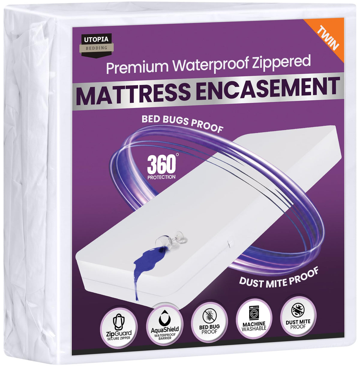 Utopia Bedding Premium Waterproof Bed Bug Mattress Cover, Twin Zippered Mattress Protector, 6 Inches Deep, Dust Mite Proof 6-Sided Mattress Encasement for Bed