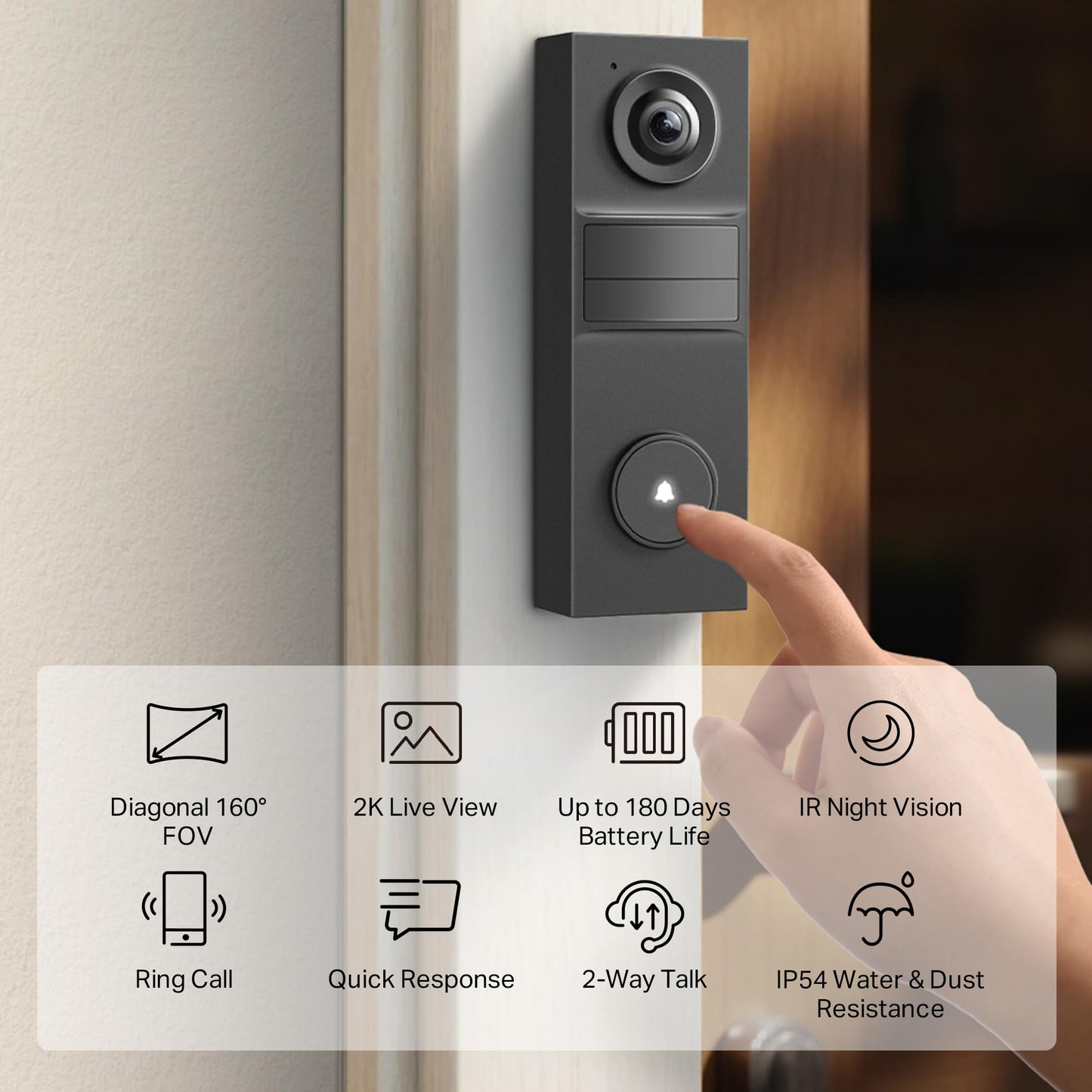 Tapo Smart Video Wireless Doorbell Camera - 2K, 160° Ultra-Wide View, Up to 180 Days Battery, Alexa, Google Assistant Compatible, Free AI Person Detection, IP54, SD/Cloud Storage, D205