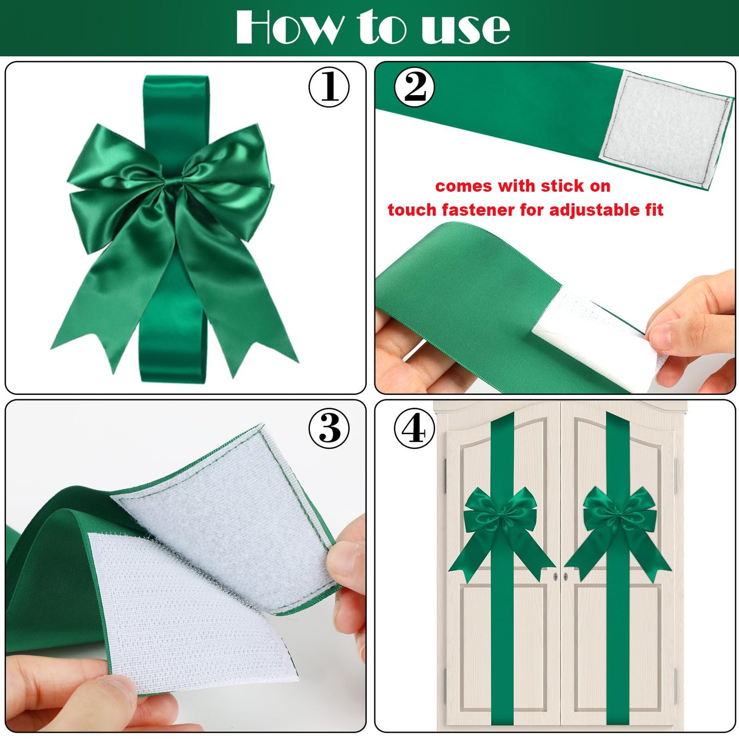 WILLBOND 4 Pcs Green Christmas Cabinet Ribbons Bows Large Green Bow Christmas Door Kitchen Cabinet Ribbon Bows Locker for Xmas Holidays Party Decorations Supplies