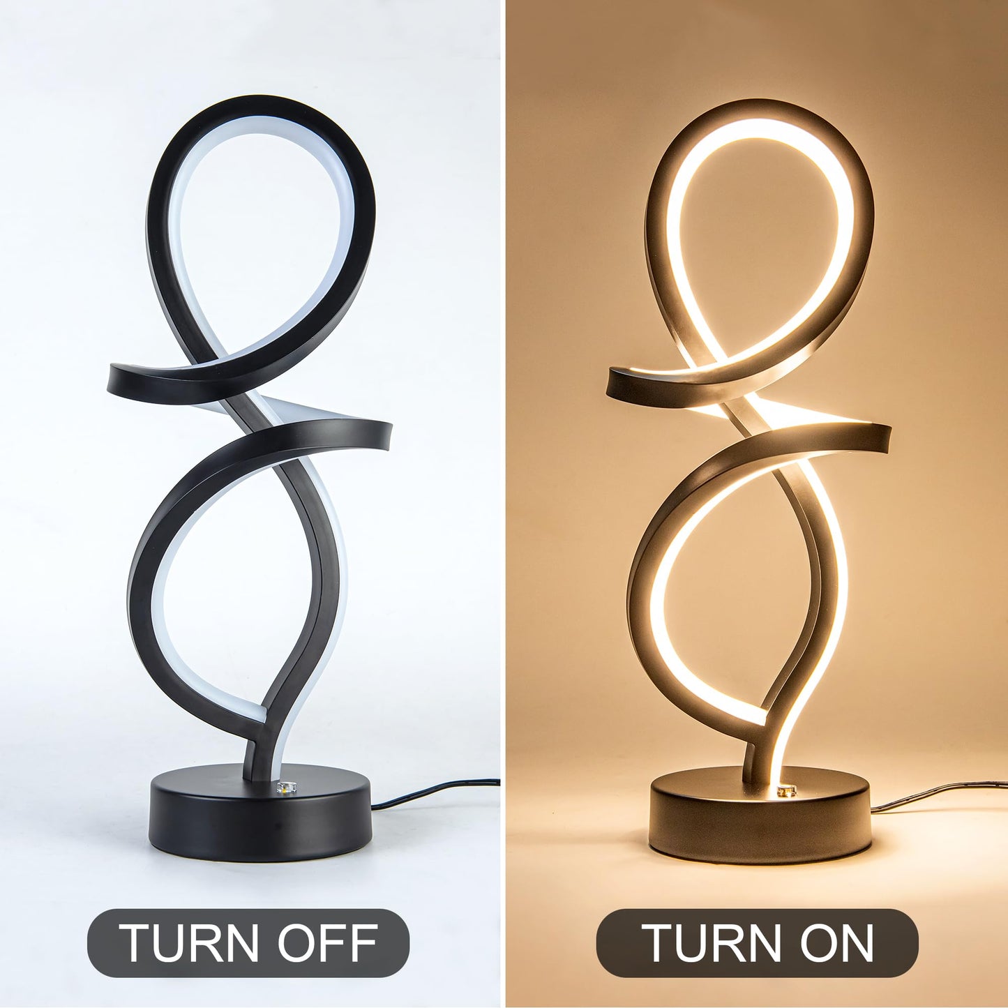 Mayful RGB Modern Table Lamp with 15W LED Spiral Spiral Design, Black Nightstand Lamp & Small Bedside Lamp, Touch Dimmable with 7 Colors & 10 Modes for Bedroom, Living Room, Office