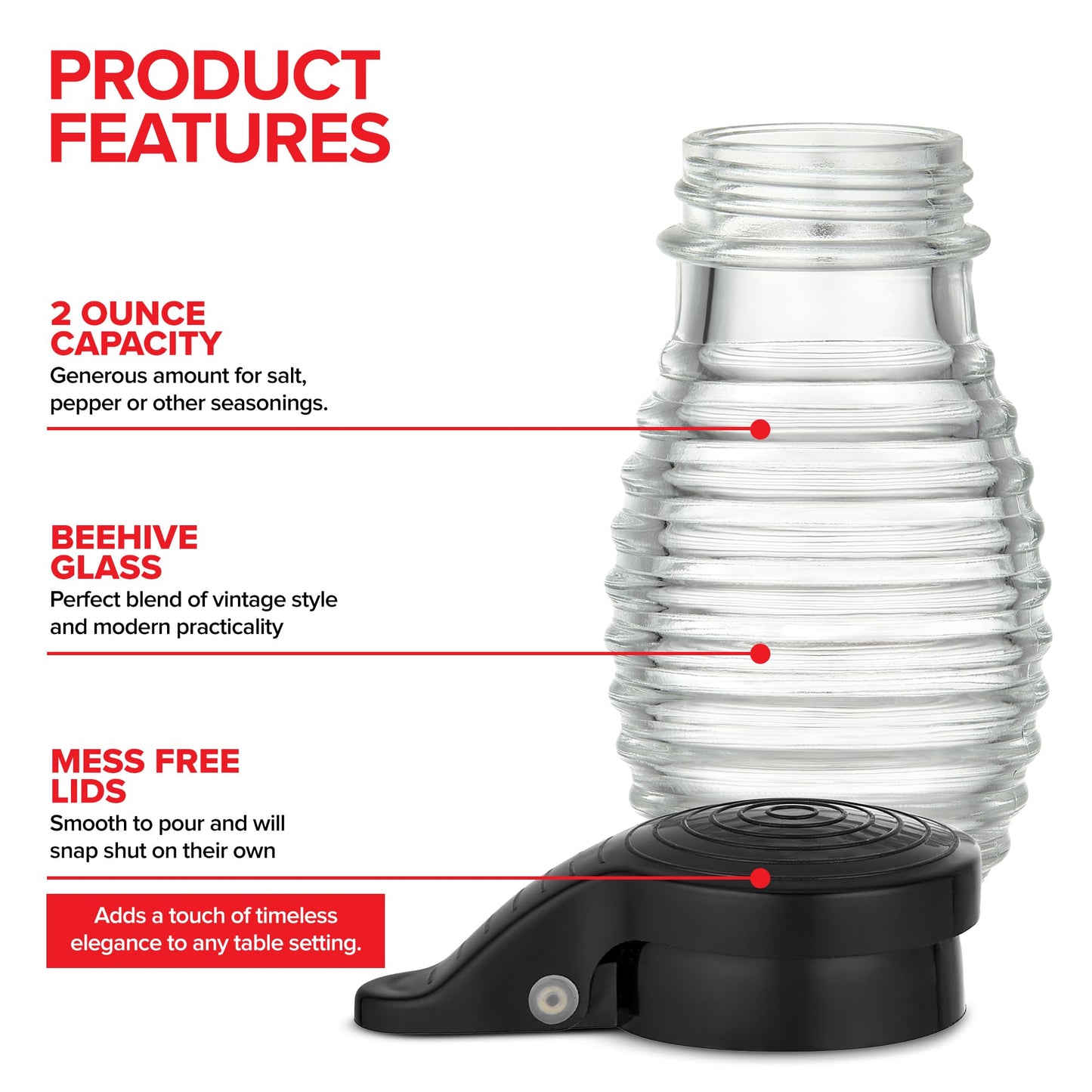 No Spill Salt & Pepper Shakers with Hinge Top, Moisture-Proof Lids- Honeycomb Glass table Salt and Pepper Shaker Set with Airtight, Self Closing Covers for Restaurants, Diners, Home & Cafes