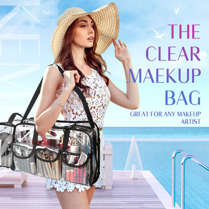 Kemier Clear Travel Makeup Bag with 6 External Pockets,Cosmetic Organizer Case with Shoulder Strap,Large