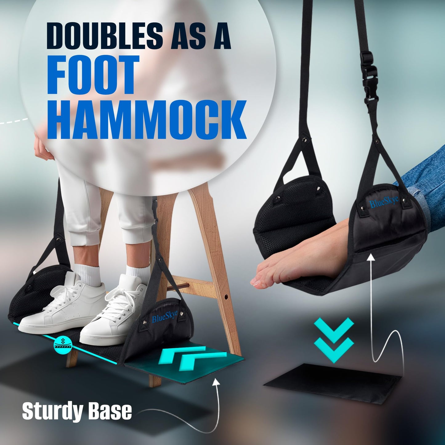 Flat Travel Foot Rest Portable Adjustable Folding Hanging Foot Hammock - for Airplane, Office, Under Desk, Car, Home Relaxing Soft Padded in Flight Anti Swelling - by BlueSkye