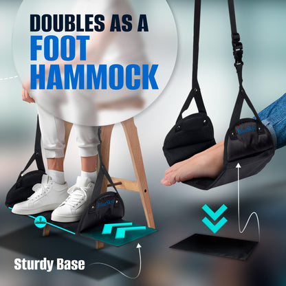 Flat Travel Foot Rest Portable Adjustable Folding Hanging Foot Hammock - for Airplane, Office, Under Desk, Car, Home Relaxing Soft Padded in Flight Anti Swelling - by BlueSkye