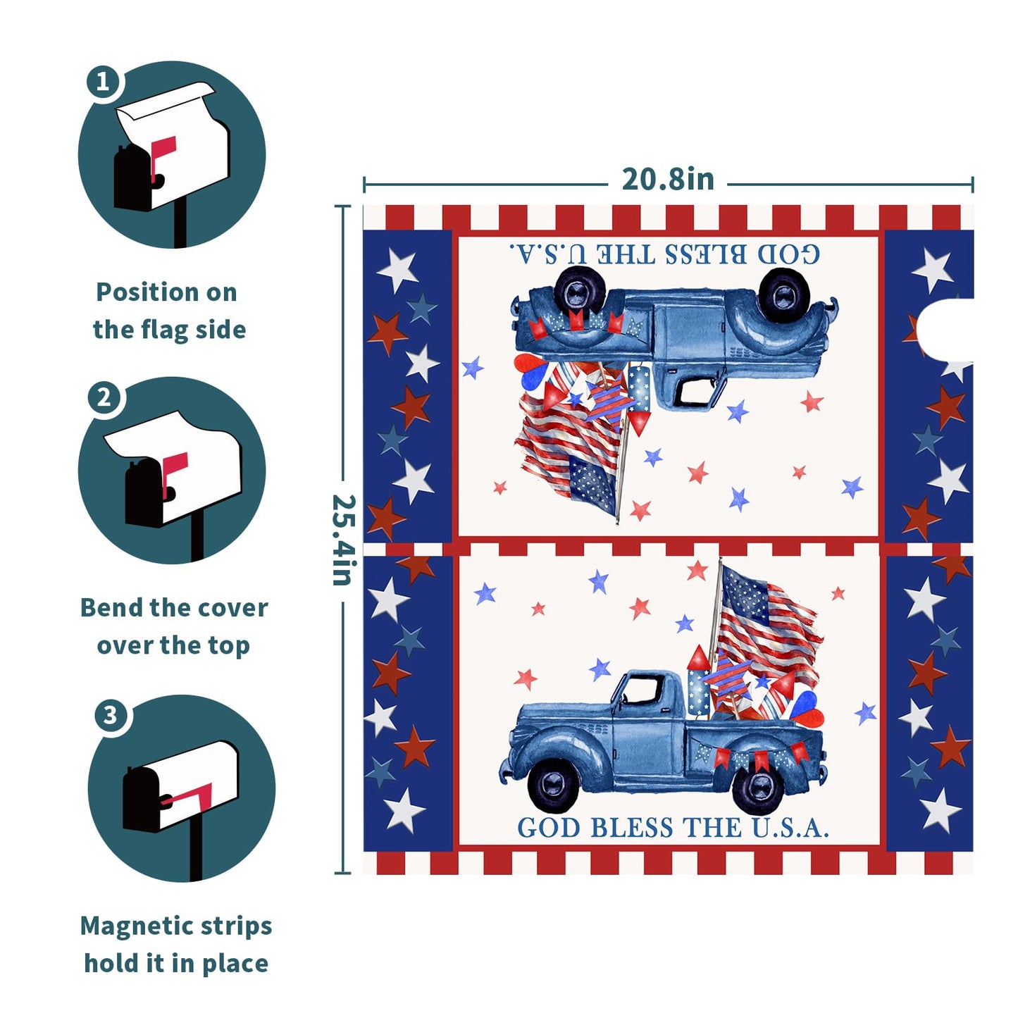4Th of July Mailbox Cover Patriotic Memorial Day Magnetic Large Size 25.5”X21” God Bless The USA Magnetic Mailbox Wrap Red White Blue Outdoor Post Letter Box Cover for Courtyard Garden Decor