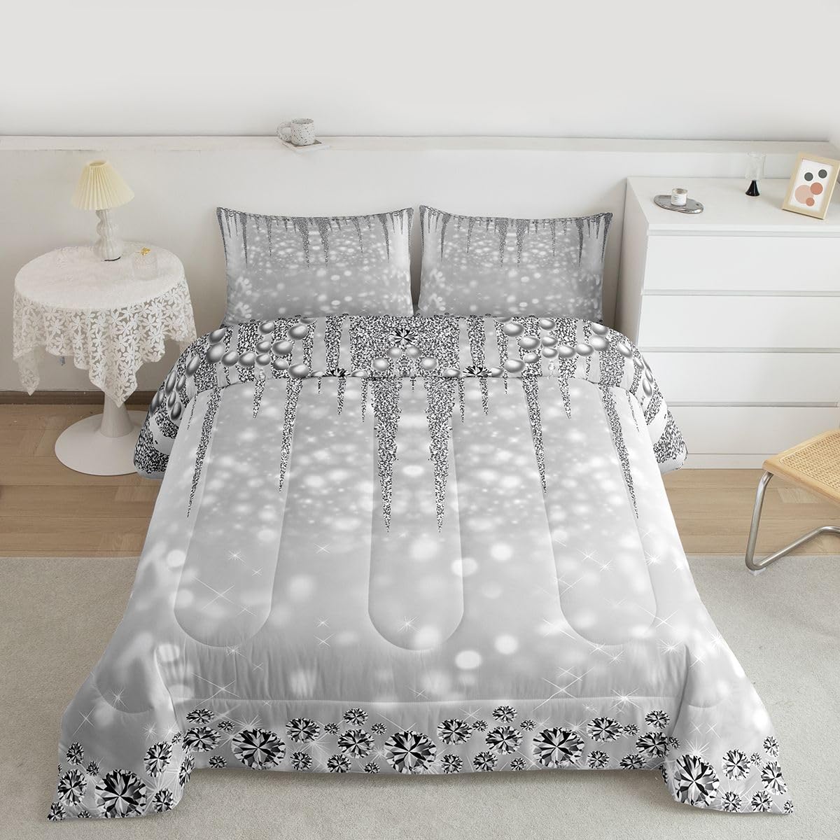 Grey Glitter Comforter Set Queen Size,3D Diamond Pearls Silver Bedding Sets for Kids Teens Girls Women Room Decor Luxury Sparkling Jewelry Quilt Set Starlight Galaxy Duvet Insert,2 Pillowcases