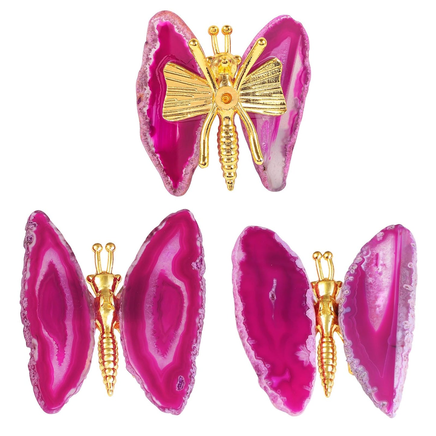 dssmboom Pack of 2 Geode Agate Slice Butterfly Figurine for Desktop Decor, Golden Butterfly with Fuchsia Agate Slice Wings for Collection or Display