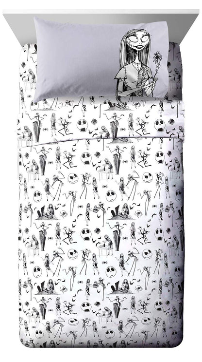Jay Franco Kids Sheet Set with Fitted, Flat Sheets & Pillow Cover - Ultra-Soft Bedding with Pillowcase for Room Decor, White - Nightmare Before Christmas, 4 Piece Queen