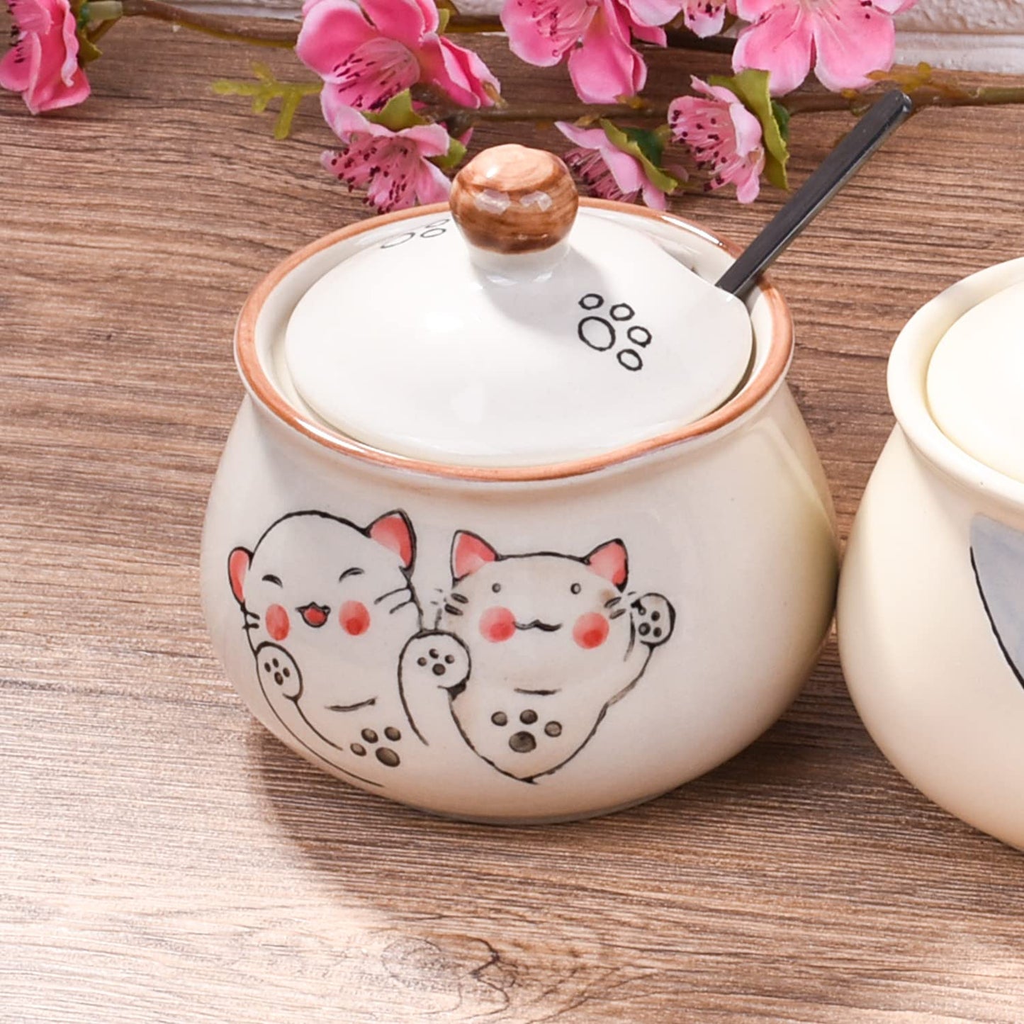 LMRLCS Ceramic Sugar Bowl with Lid and Spoon, Japanese Sugar Bowl with Spoon and Lid (Style 2)