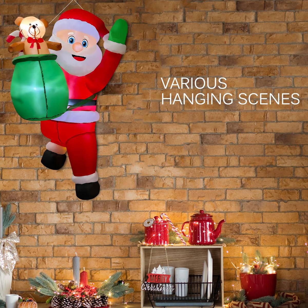BLOWOUT FUN 4FT Christmas Inflatable Hanging Santa with Gift Bag Decorations, Blow Up Climbing Santa with Build-in LED for Xmas Party, Outdoor, Yard, Garden, Lawn Winter Decoration