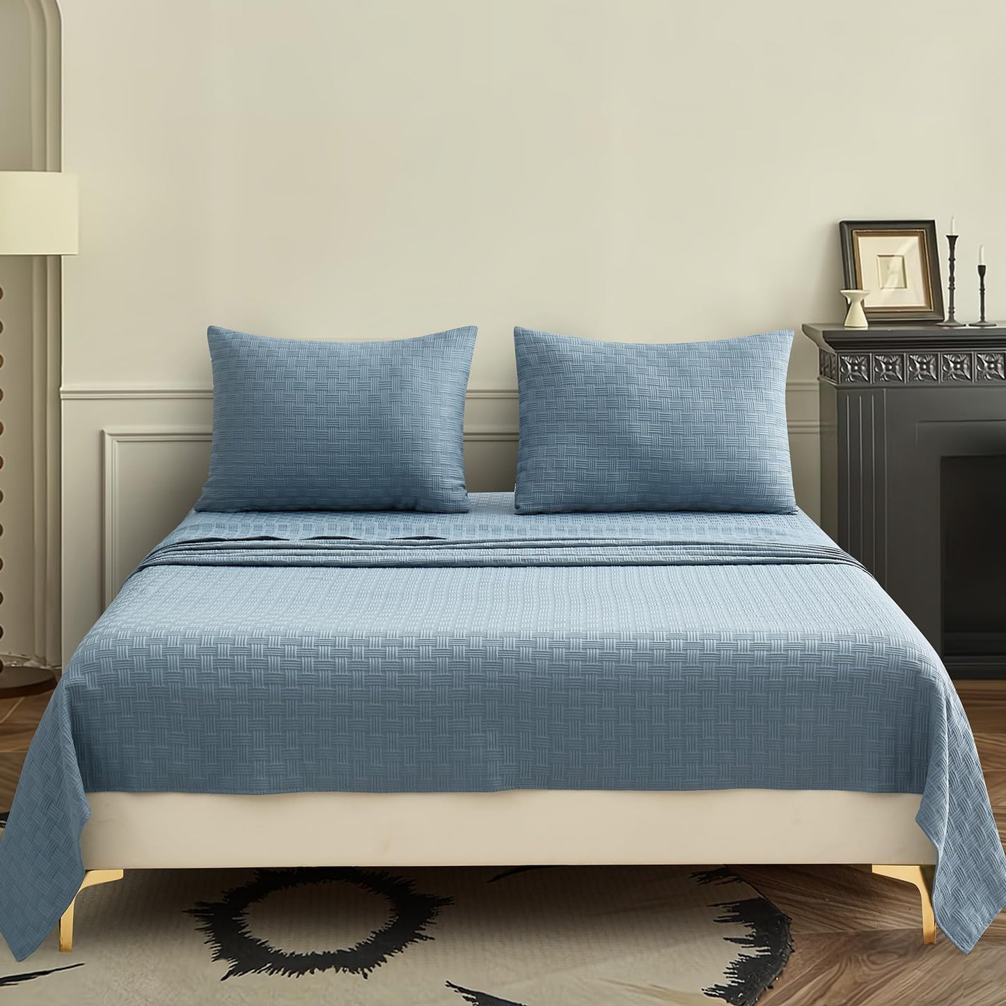 Seavelson Woven Grid Soft King Size Sheet Set - Comfortable & Breathable 4 Piece Bed Sheets with 1 Fitted Sheet,1 Flat Sheet & 2 Pillowcases - Deep Pocket Up to 18 Inches (Blue Grey)