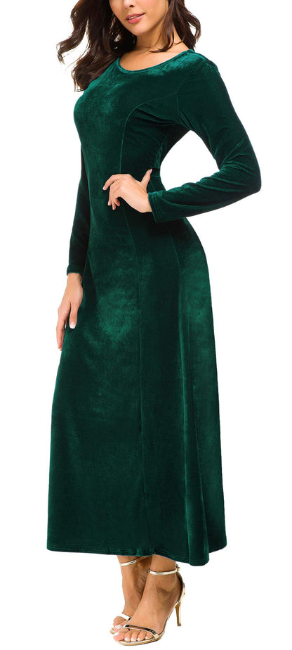 Urban CoCo Women's Elegant Long Sleeve Ruched Velvet Stretchy Long Dress (L, Green)