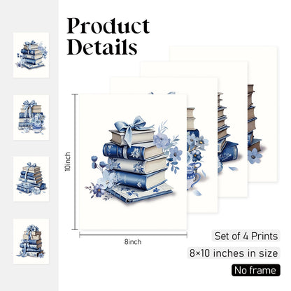 Locomiss Blue and White Floral Bow Book Chinoiserie Wall Art Decor Posters, Blue Bow Book Flower Bookish Girly Wall Art Decor For Bedroom Dorm Living Room Classroom Library, Set of 4 (8x10 Unframed)