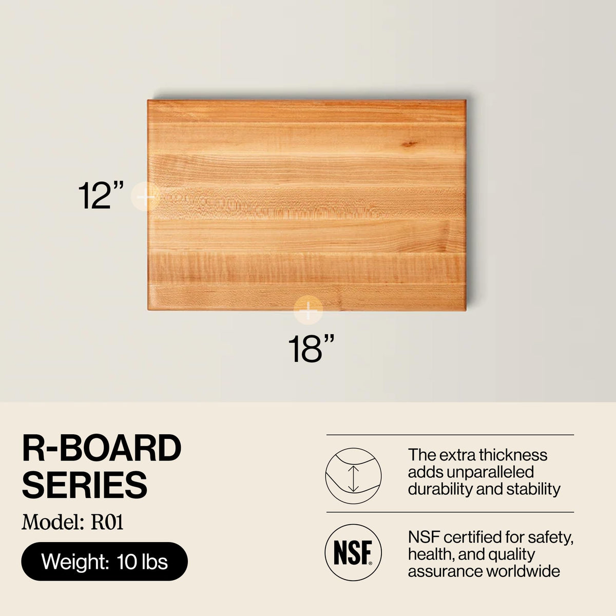 John Boos R-Board Series Rectangular Wooden Maple Cutting Board 18”x12” – 1.5” Thick, 10-lb Reversible Butcher Block with Edge-Grain & Finger Grips – Made in the USA