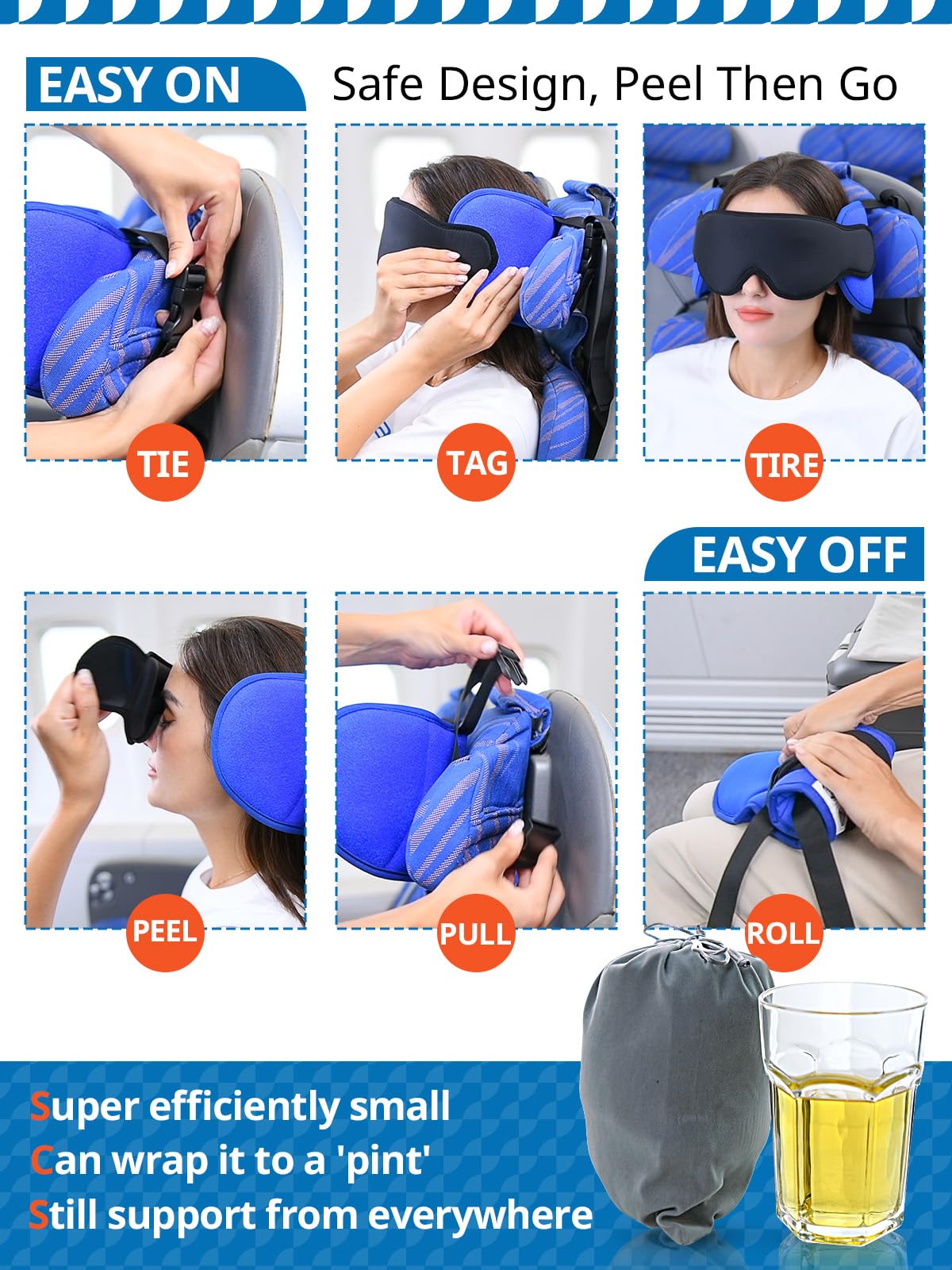 SARISUN Travel Pillows for Airplanes, Airplane Pillow for Sleeping with 3D Eye Mask, 360° Headrest for Long Flight, Road Trip, Stop Bobblehead Relieve Neck Pain, FSA HSA Eligible Approved, Blue