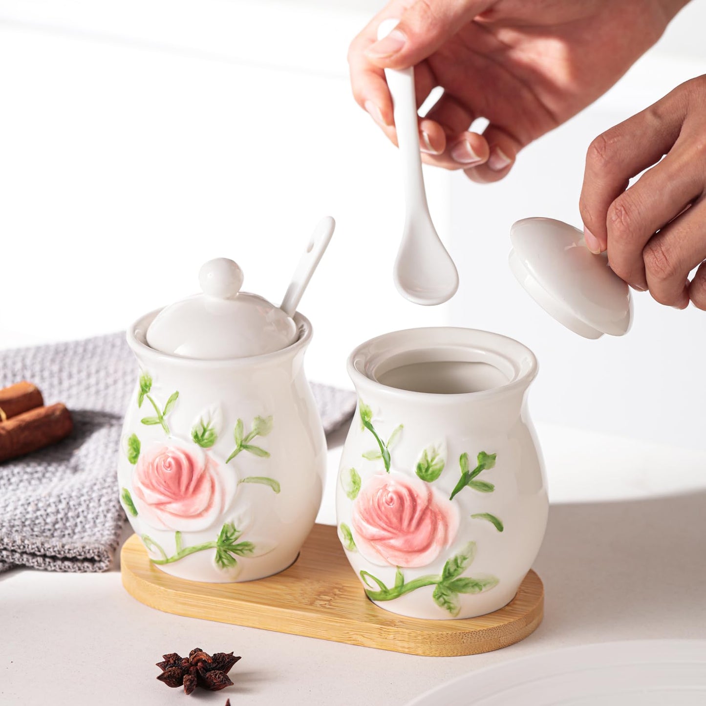 Seasonsplan Hand Drawn Relief ceramics Ceramic Sugar Bowl 2 Pack, PorcelainJar with Tray, Spoon and Lid for Sugar, Pepper, Coffee, Spice, Salt, 8 Ounces (Hand Drawn Relief)
