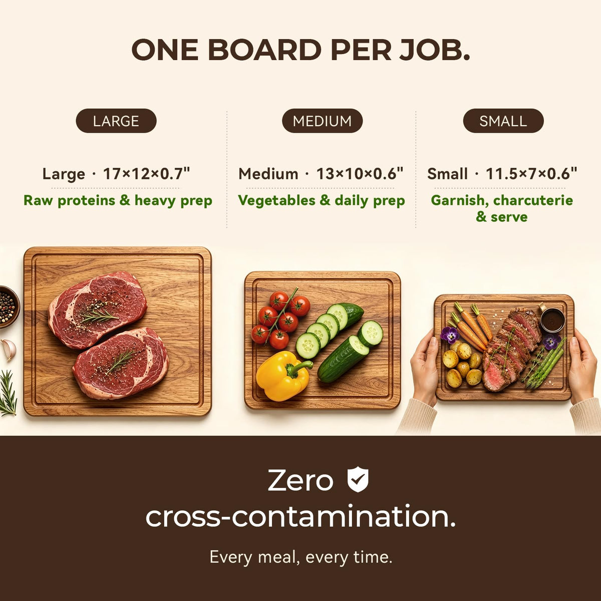 Acacia Wood Cutting Board Set of 3 for Kitchen — Non-Toxic, Kiln-Dried & Pre-Oiled 3x | Warp-Resistant Solid Acacia with Juice Groove, Handles & Anti-Slip Feets | Large Medium Small