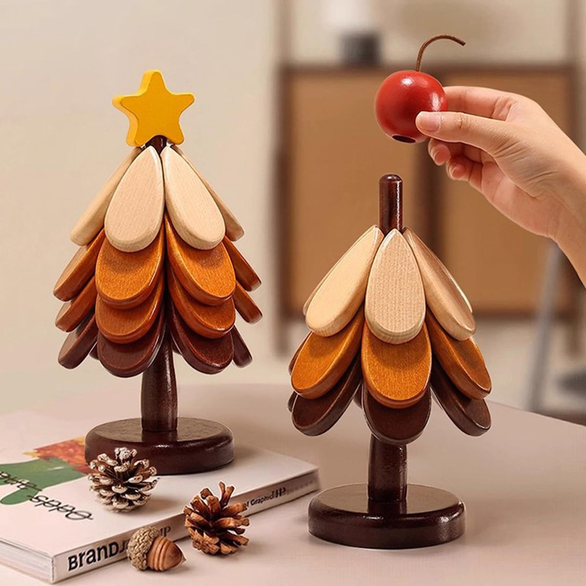 4 Pcs Wooden Trivets for Hot Dishes with Storage Stored, 7.8" Foldable Christmas Tree Shaped Trivets Set, Heat Resistant Hot Pads for Hot Pots Bowl Teapot, Kitchen Decor for Quartz Counter (Apple)
