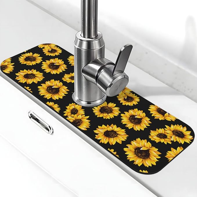 Sunflowers Black Vintage Paingting Kitchen Sink Splash Guard Faucet Mat 1 Pcs